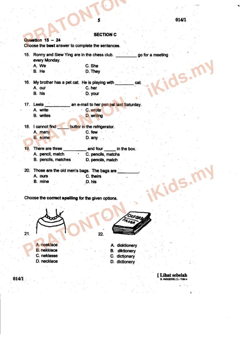 Pratonton muka 5 lembaran English Mid-Year Test 4 — Bahasa Inggeris Tahun 4