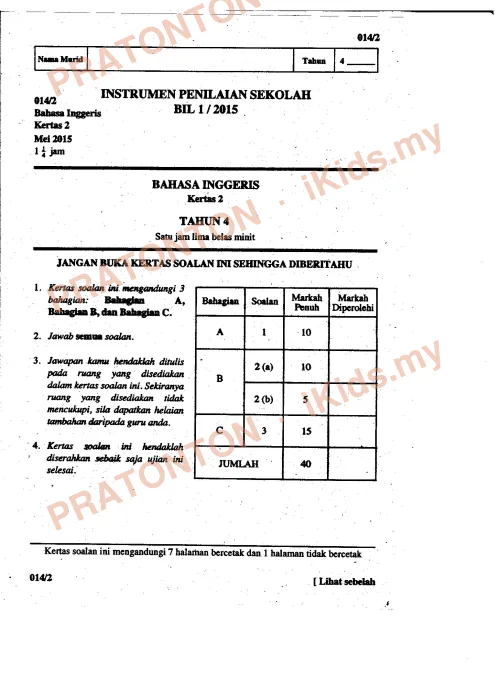 Pratonton muka 1 lembaran English Mid-Year Test 3 — Bahasa Inggeris Tahun 4