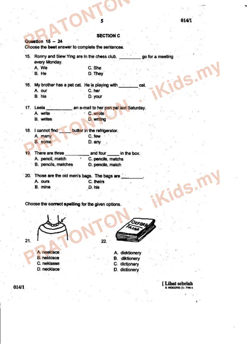 Pratonton muka 5 lembaran English Mid-Year Test 2 — Bahasa Inggeris Tahun 4