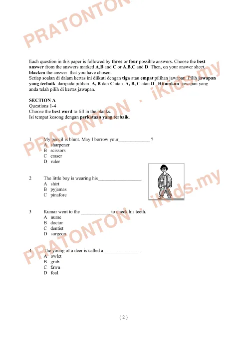 Pratonton muka 1 lembaran English Test 2 — Bahasa Inggeris Tahun 4