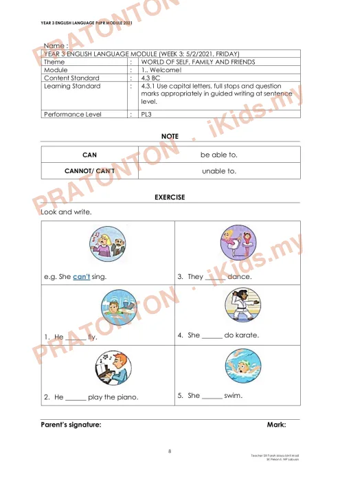 Pratonton muka 8 lembaran English Practice 8 — Bahasa Inggeris Tahun 3