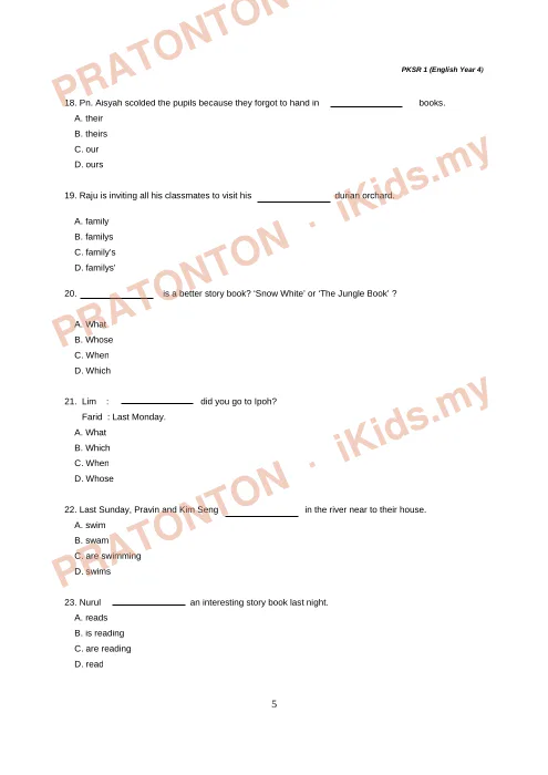 Pratonton muka 5 lembaran English Test 1 — Bahasa Inggeris Tahun 4