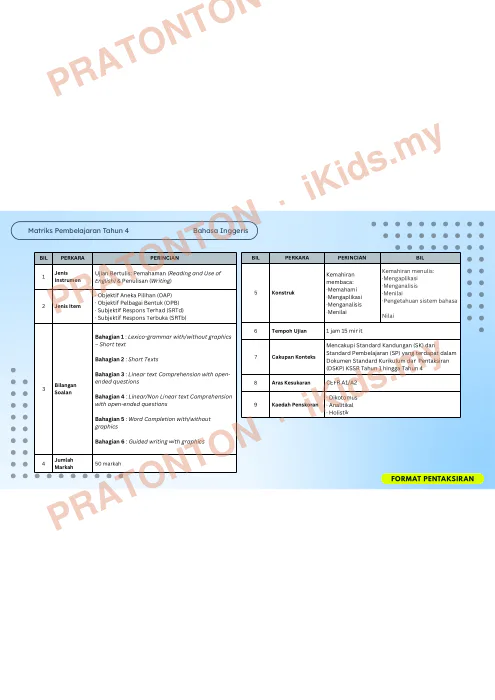 Pratonton muka 1 lembaran English Test Format 1 — Bahasa Inggeris Tahun 4