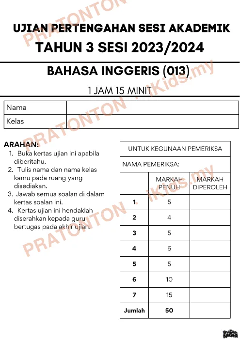 Pratonton muka 1 lembaran English Test — Bahasa Inggeris Tahun 3