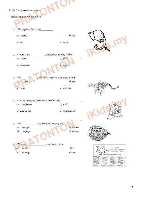 Pratonton muka 1 lembaran English Test — Bahasa Inggeris Tahun 3