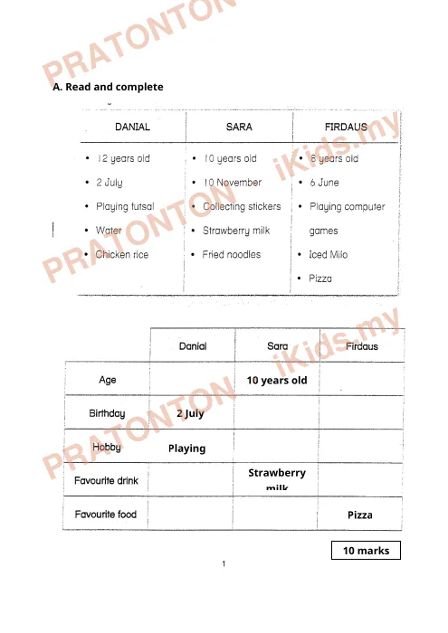 Pratonton muka 1 lembaran English Test — Bahasa Inggeris Tahun 3
