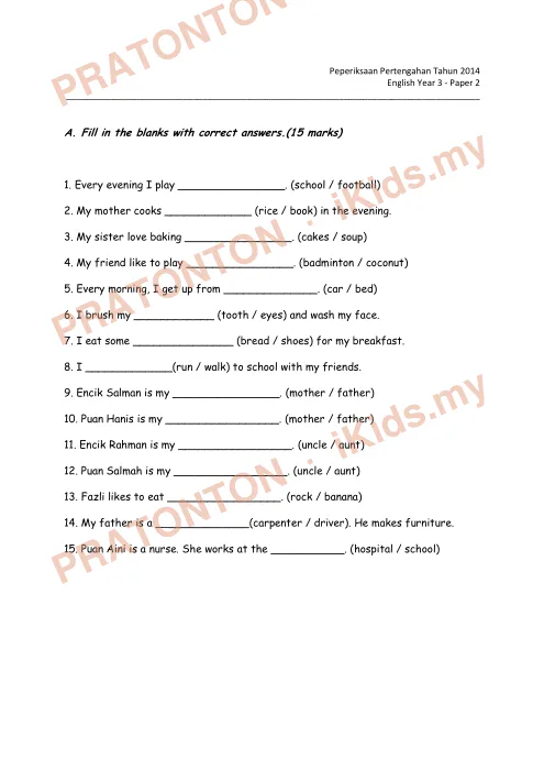Pratonton muka 1 lembaran English Test — Bahasa Inggeris Tahun 3
