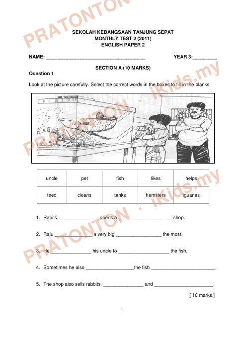 Pratonton muka 1 lembaran English Test — Bahasa Inggeris Tahun 3