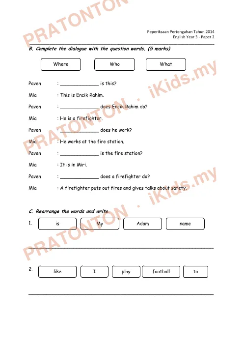 Pratonton muka 2 lembaran English Test — Bahasa Inggeris Tahun 3