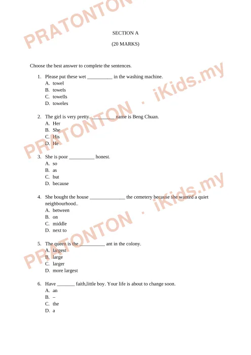 Pratonton muka 1 lembaran English Test Section A 3 — Bahasa Inggeris Tahun 4