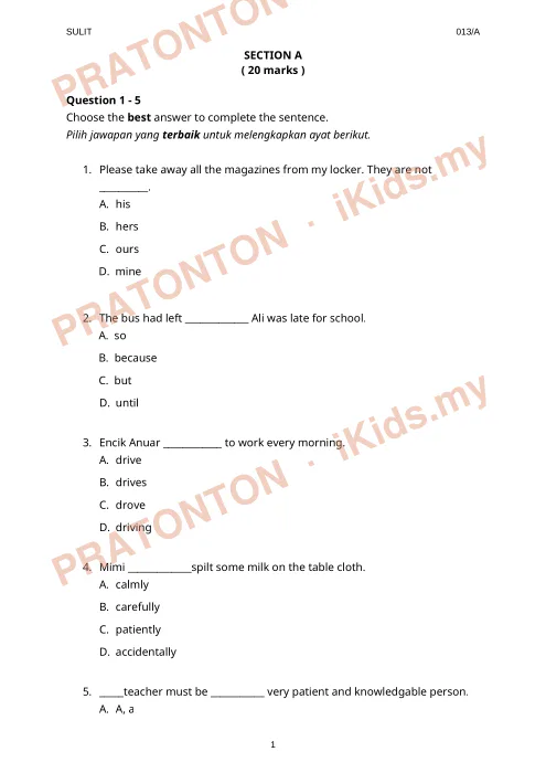 Pratonton muka 1 lembaran English Test Section A 1 — Bahasa Inggeris Tahun 4