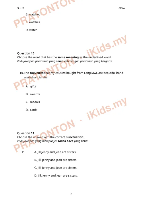 Pratonton muka 3 lembaran English Test Section A 1 — Bahasa Inggeris Tahun 4
