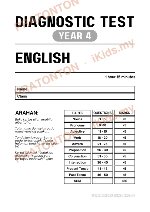 Pratonton muka 1 lembaran English Test — Bahasa Inggeris Tahun 4
