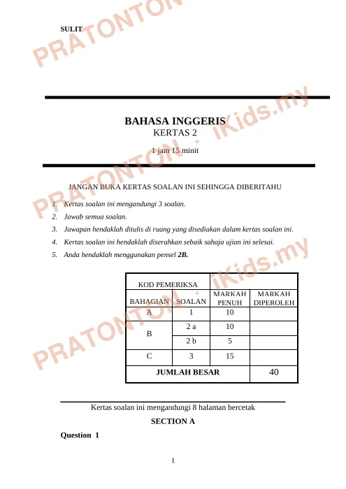 Pratonton muka 1 lembaran English Worksheet 1 — Bahasa Inggeris Tahun 4