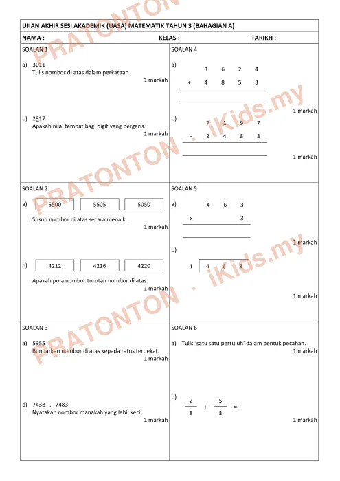 Pratonton muka 1 lembaran Kertas Soalan Matematik 17 — Matematik Tahun 3