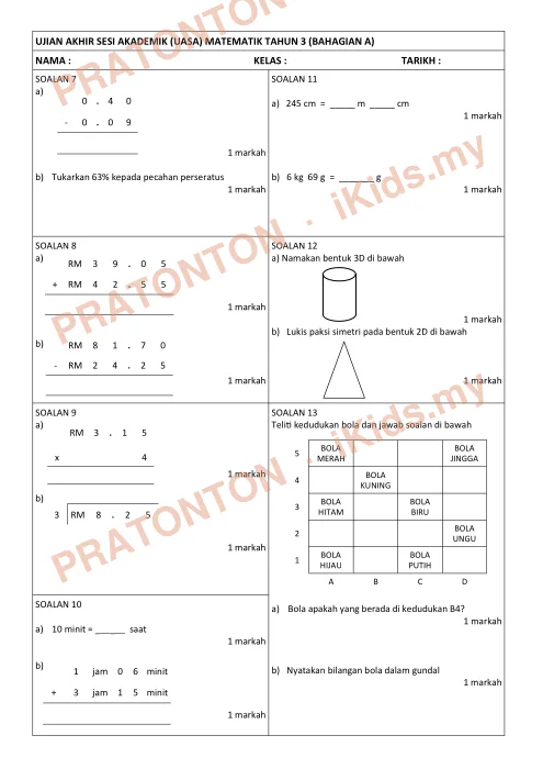 Pratonton muka 2 lembaran Kertas Soalan Matematik 17 — Matematik Tahun 3