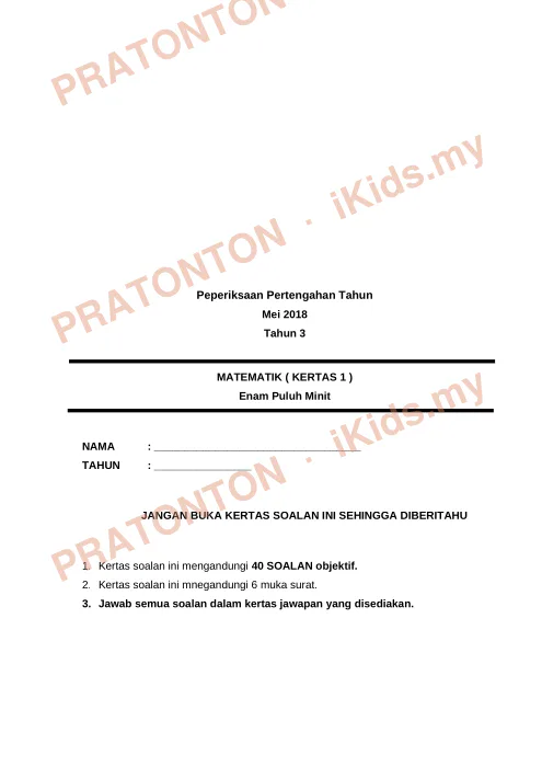 Pratonton muka 1 lembaran Kertas Soalan Matematik 2 — Matematik Tahun 3
