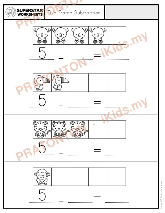 Pratonton muka 1 lembaran Five Frame Subtraction — Matematik Tahun 1