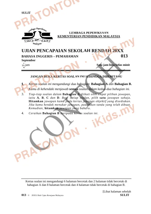 Pratonton muka 1 lembaran Format Soalan UPSR Mulai 2016 — Bahasa Inggeris Pemahaman Bahagian A — Bahasa Inggeris Tahun 6