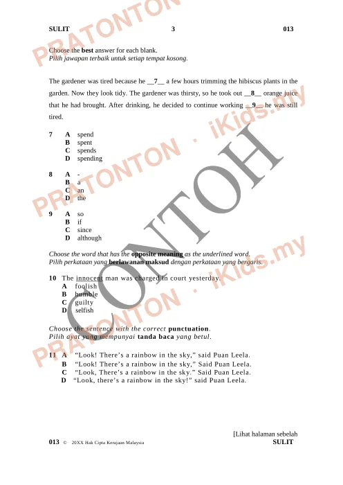 Pratonton muka 3 lembaran Format Soalan UPSR Mulai 2016 — Bahasa Inggeris Pemahaman Bahagian A — Bahasa Inggeris Tahun 6