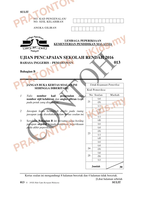 Pratonton muka 1 lembaran Format Soalan UPSR Mulai 2016 — Bahasa Inggeris Pemahaman Bahagian B — Bahasa Inggeris Tahun 6
