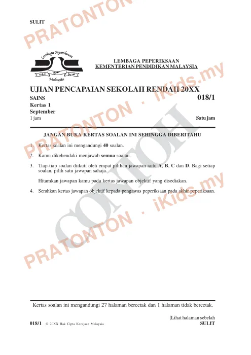 Pratonton muka 1 lembaran Format Soalan UPSR Mulai 2016 — Sains Kertas 1 (Bahasa Inggeris) — Sains Tahun 6