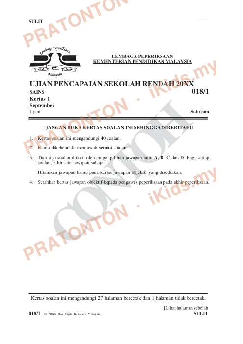 Pratonton muka 1 lembaran Format Soalan UPSR Mulai 2016 — Sains Kertas 1 (Bahasa Melayu) — Sains Tahun 6