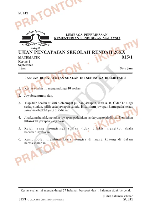 Pratonton muka 1 lembaran FORMAT SOALAN UPSR MULAI TAHUN 2016 MATEMATIK K1 VERSI BI 1 — Matematik Tahun 6