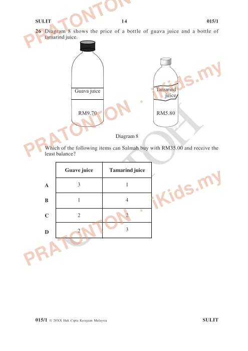 Pratonton muka 14 lembaran FORMAT SOALAN UPSR MULAI TAHUN 2016 MATEMATIK K1 VERSI BI 1 — Matematik Tahun 6
