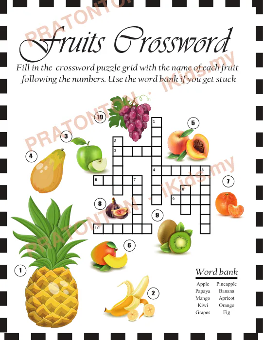 Pratonton muka 1 lembaran Fruits Crossword — Bahasa Inggeris Tahun 1