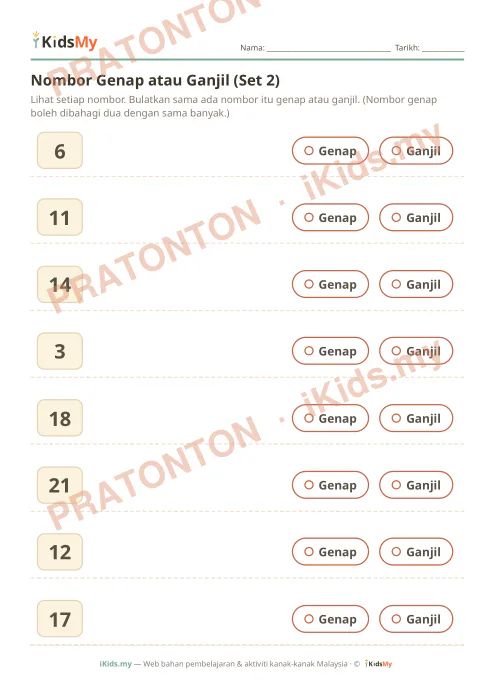 Pratonton muka 1 lembaran Genap atau Ganjil (Set 2) — Matematik Anak Istimewa