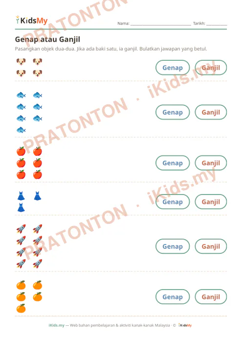Pratonton muka 1 lembaran Genap atau Ganjil (Set 5) — Matematik Anak Istimewa