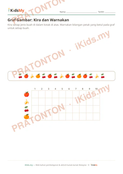 Pratonton muka 1 lembaran Graf Gambar: Kira dan Warnakan — Matematik Tahun 1