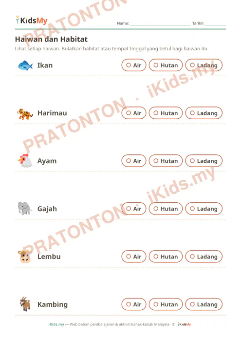 Pratonton muka 1 lembaran Haiwan dan Habitat — Sains Tadika (2-6)