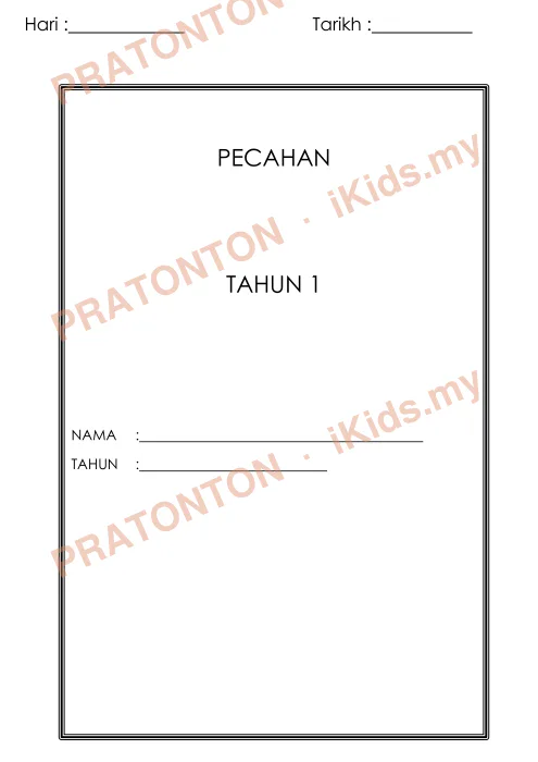 Pratonton muka 1 lembaran Hari : — Matematik Tahun 1