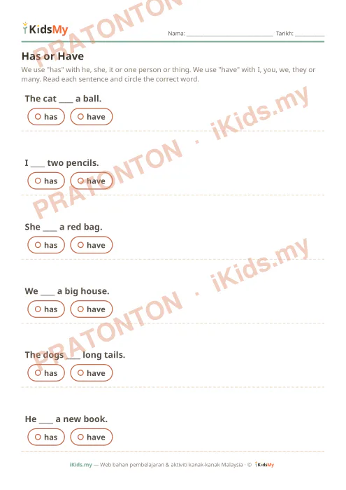 Pratonton muka 1 lembaran Has or Have — Bahasa Inggeris Tahun 2