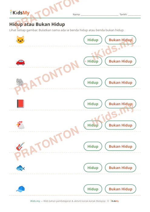 Pratonton muka 1 lembaran Hidup atau Bukan Hidup — Sains Tadika (2-6)