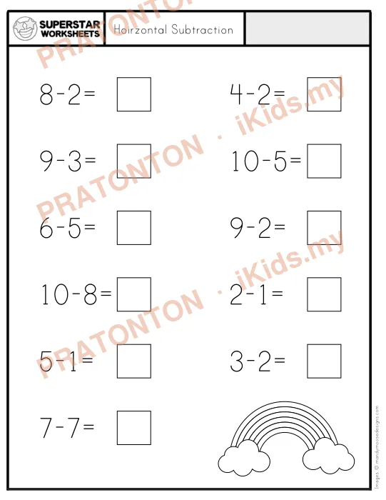 Pratonton muka 1 lembaran Hoirzontal Subtraction — Matematik Tahun 1