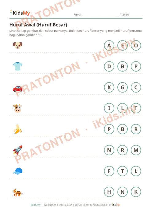 Pratonton muka 1 lembaran Huruf Awal (Huruf Besar) — Bahasa Melayu Tadika (2-6)