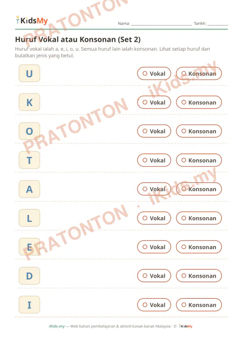 Pratonton muka 1 lembaran Huruf Vokal atau Konsonan (Set 2) — Bahasa Melayu Tahun 1