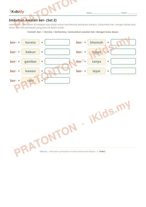 Pratonton muka 1 lembaran Imbuhan Awalan ber- (Set 2) — Bahasa Melayu Tahun 2