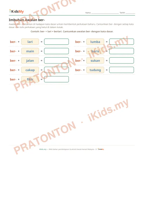 Pratonton muka 1 lembaran Imbuhan Awalan ber- — Bahasa Melayu Tahun 2