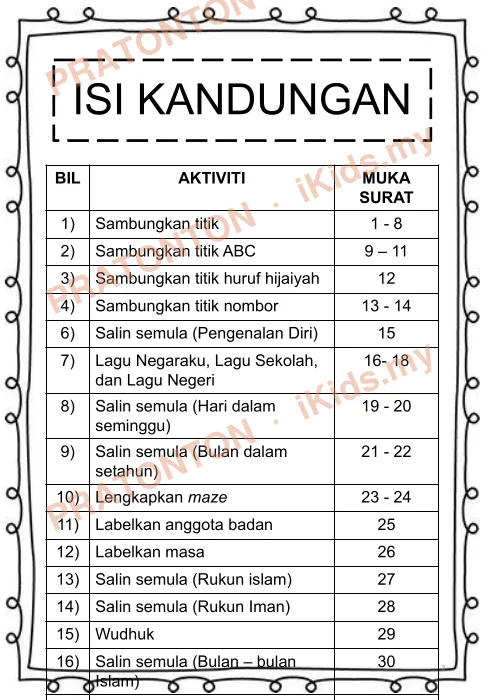 Pratonton muka 1 lembaran ISI KANDUNGAN — Matematik Tahun 1