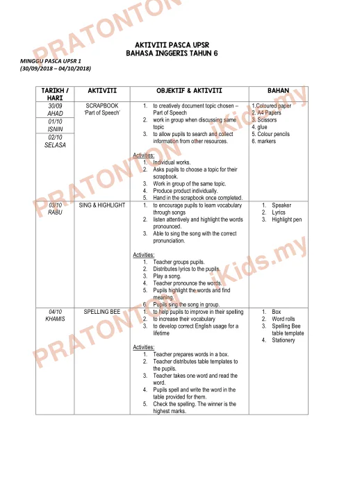 Pratonton muka 1 lembaran Jadual dan Aktiviti Pasca UPSR — Bahasa Inggeris Tahun 6 — Bahasa Inggeris Tahun 6