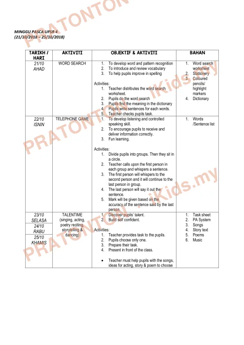 Pratonton muka 5 lembaran Jadual dan Aktiviti Pasca UPSR — Bahasa Inggeris Tahun 6 — Bahasa Inggeris Tahun 6