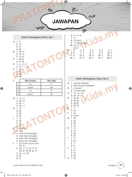 Pratonton muka 1 lembaran JAWAPAN — Matematik Tahun 1