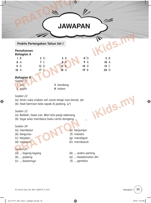 Pratonton muka 1 lembaran JAWAPAN — Matematik Tahun 1
