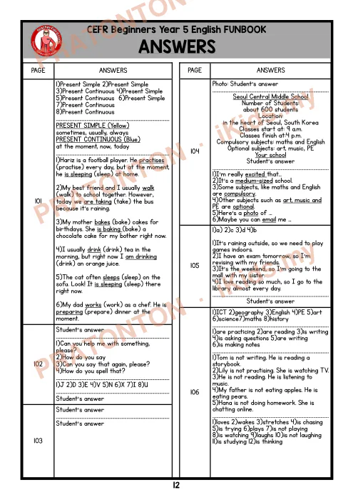 Pratonton muka 12 lembaran Jawapan Funbook CEFR Tahun 5 — Bahasa Inggeris Tahun 5