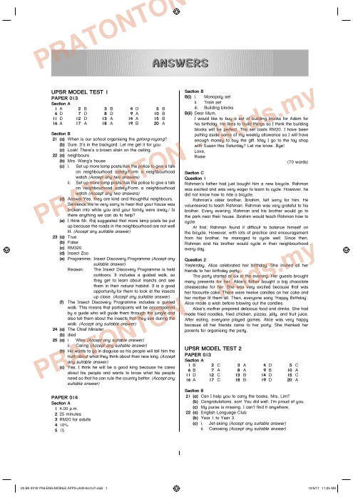 Pratonton muka 1 lembaran Jawapan Kertas Model UPSR — Bahasa Inggeris — Bahasa Inggeris Tahun 6