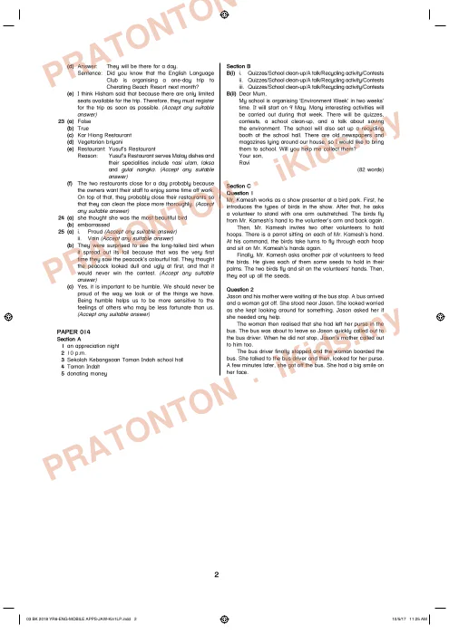Pratonton muka 2 lembaran Jawapan Kertas Model UPSR — Bahasa Inggeris — Bahasa Inggeris Tahun 6